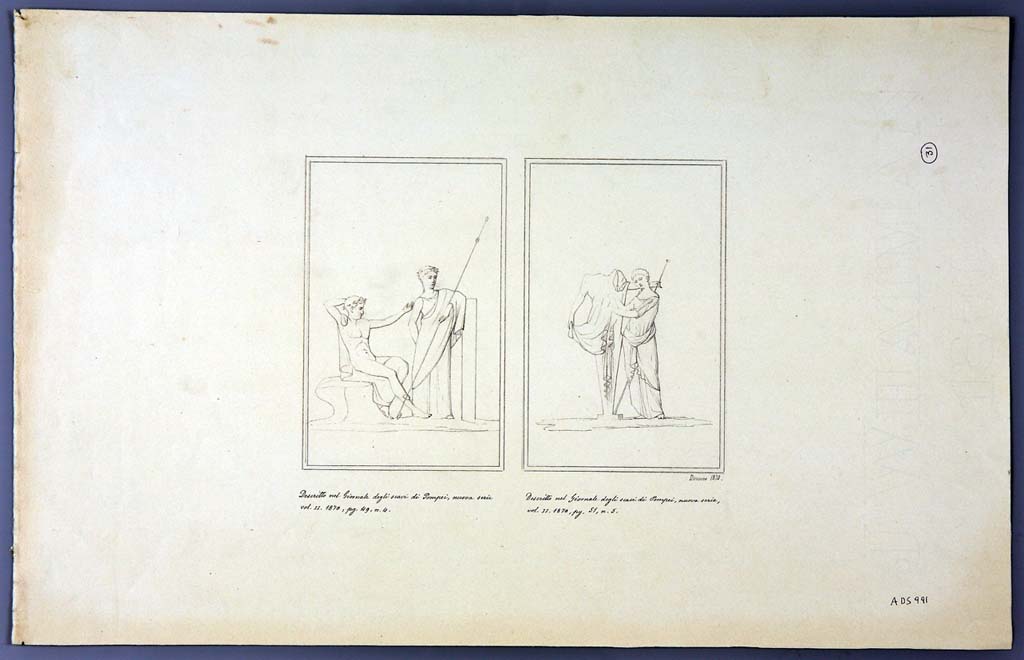 IX.2.21 Pompeii. Room 13, north wall of cubiculum.  Two drawings by Geremia Discanno, 1870, of paintings seen on the walls of this house.
The drawing on the left may be from the north wall of room 5 showing a sitting Dionysus and a standing Arianna.
The drawing on the right of a female figure standing near an archaic herm of Dionysus, from north wall of cubiculum, room 13.
Now in Naples Archaeological Museum. Inventory number ADS 991.
Photo  ICCD. http://www.catalogo.beniculturali.it
Utilizzabili alle condizioni della licenza Attribuzione - Non commerciale - Condividi allo stesso modo 2.5 Italia (CC BY-NC-SA 2.5 IT)
See Sogliano, A., 1879. Le pitture murali campane scoverte negli anni 1867-79. Napoli: Giannini. (p.52, no.243) 
See Bragantini, de Vos, Badoni, 1986. Pitture e Pavimenti di Pompei, Parte 3. Rome: ICCD. (p.424)
