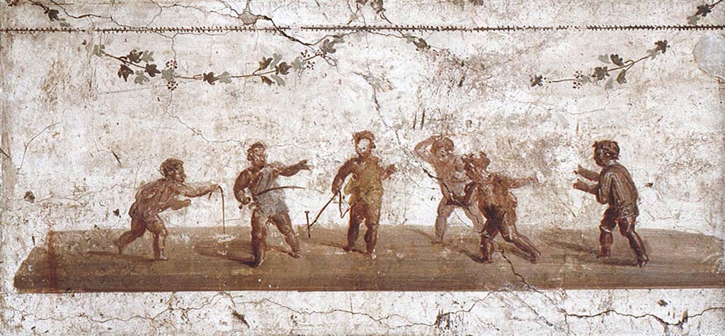 IX.3.5 Pompeii. Painting of children playing, seen in the frieze of exedra, room 25.
See Helbig, W., 1868. Wandgemlde der vom Vesuv verschtteten Stdte Campaniens. Leipzig: Breitkopf und Hrtel, (1477).
Now in Naples Archaeological Museum. Inventory number 9103.
