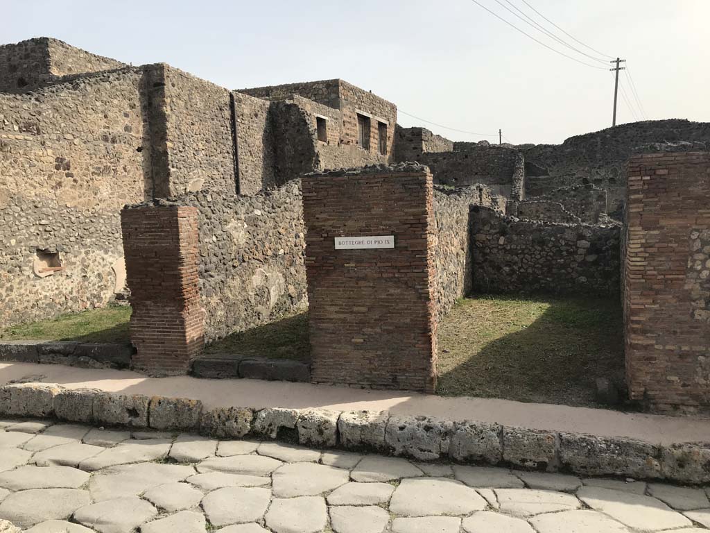 IX.3.7, IX.3.8, and IX.3.9, Pompeii. April 2019. Doorways on east side of Via Stabiana.
Photo courtesy of Rick Bauer.
According to Eschebach, IX.3.6-9 were used as a show excavation in the presence of Pope Pius IX, on 22nd October 1849.
See Eschebach, L., 1993. Gebudeverzeichnis und Stadtplan der antiken Stadt Pompeji. Kln: Bhlau. (p.414).
