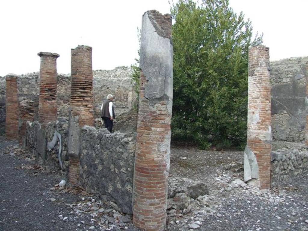 IX.3.15 Pompeii. March 2009. Room 12, garden area, looking north-east. According to Jashemski, The garden at the rear originally was enclosed on the north, west and south, by a portico supported by eight stuccoed brick columns and two engaged columns which were joined by a low wall, broken by an entrance to the garden on the south.
See Jashemski, W. F., 1993. The Gardens of Pompeii, Volume II: Appendices. New York: Caratzas. (p.234, no.481).

