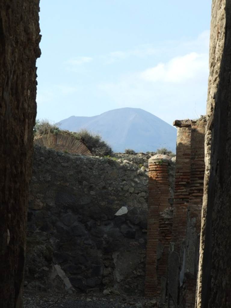 IX.3.15 Pompeii. March 2009. Looking north along portico, overlooked by Vesuvius.