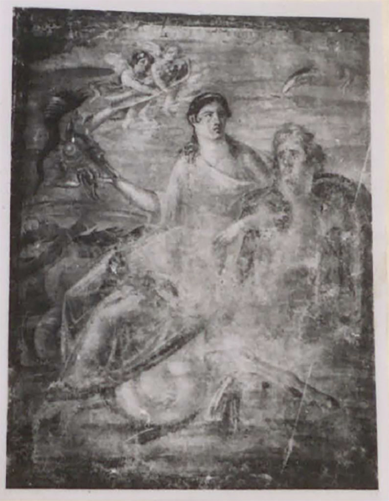 IX.5.2 Pompeii. Pre-1942. 
Room 20, detail of painting of Thetis sitting on the back of a sea-monster carrying Achilles’ weapons, from west wall. 
See Warscher, T. 1942. Catalogo illustrato degli affreschi del Museo Nazionale di Napoli. Sala LXXX. Vol.2. Rome, Swedish Institute.
