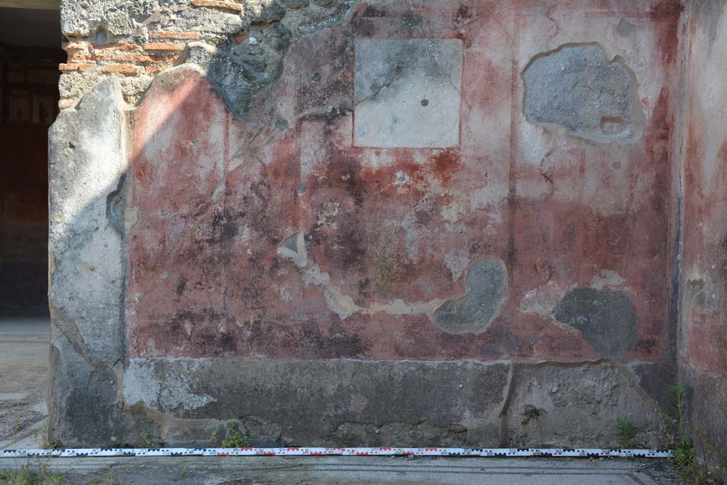 IX.5.6 Pompeii. May 2017. West ala d, detail of south wall.
Foto Christian Beck, ERC Grant 681269 DCOR.
According to PPM 
This wall was decorated with a similar scheme to the opposite wall (north wall), with a black zoccolo and red middle zone, with a painting in the central panel that was separated from the side semi-panels by twisted candelabra. In the yellow upper zone there were paintings with pygmies , now completely disappeared.
See Carratelli, G. P., 1990-2003. Pompei: Pitture e Mosaici. IX. (9). Roma: Istituto della enciclopedia italiana, p.417, no. 24).

