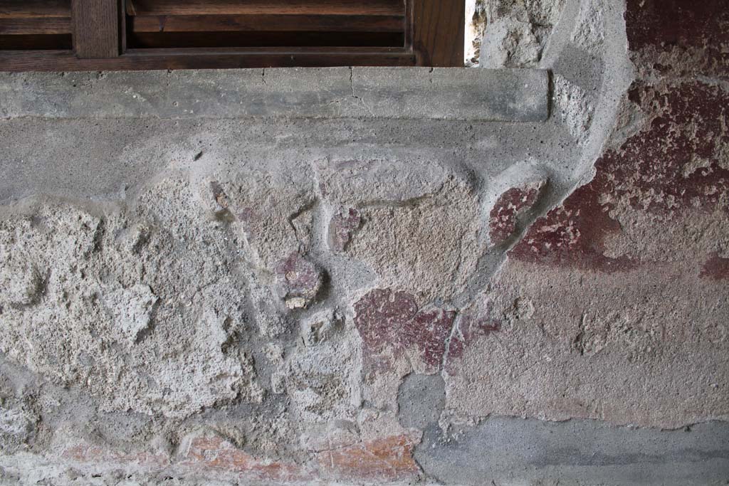 IX.5.9 Pompeii. May 2019. Room l (L), remaining painted zoccolo on south wall below window.   
Foto Christian Beck, ERC Grant 681269 DCOR.

