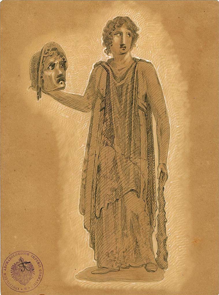 IX.5.11 Pompeii. Room 6, oecus, west wall.
Undated drawing (between 1877-1888) by A. Sikkard of Muse Melpomene with tragic mask and club.
DAIR 83.250. Photo  Deutsches Archologisches Institut, Abteilung Rom, Arkiv.
