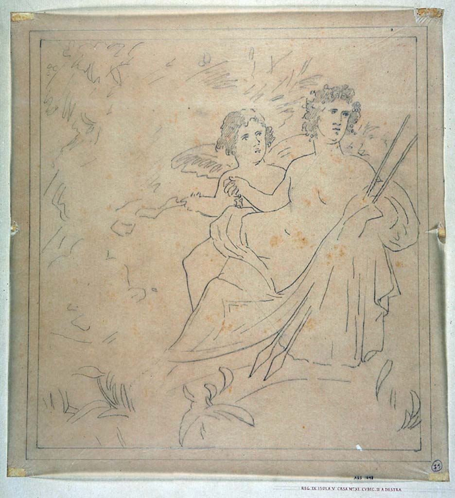 IX.5.11 Pompeii. Room 7, west wall of cubiculum. Drawing by Geremia Discanno, of painting of Adonis or Narcissus with cupid, now completely faded and disappeared.
Now in Naples Archaeological Museum. Inventory number ADS 1098.
Photo  ICCD. http://www.catalogo.beniculturali.it
Utilizzabili alle condizioni della licenza Attribuzione - Non commerciale - Condividi allo stesso modo 2.5 Italia (CC BY-NC-SA 2.5 IT)
