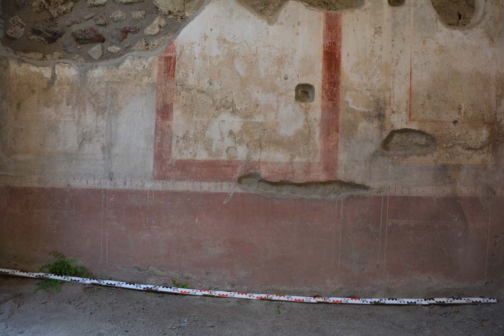 IX.5.11 Pompeii. May 2017. Room g, lower north wall.
Foto Christian Beck, ERC Grant 681269 DCOR.
According to PPM 
Narrow compartments with painted plants in the red zoccolo, surmounted by a white toothed frieze. (p.557).
