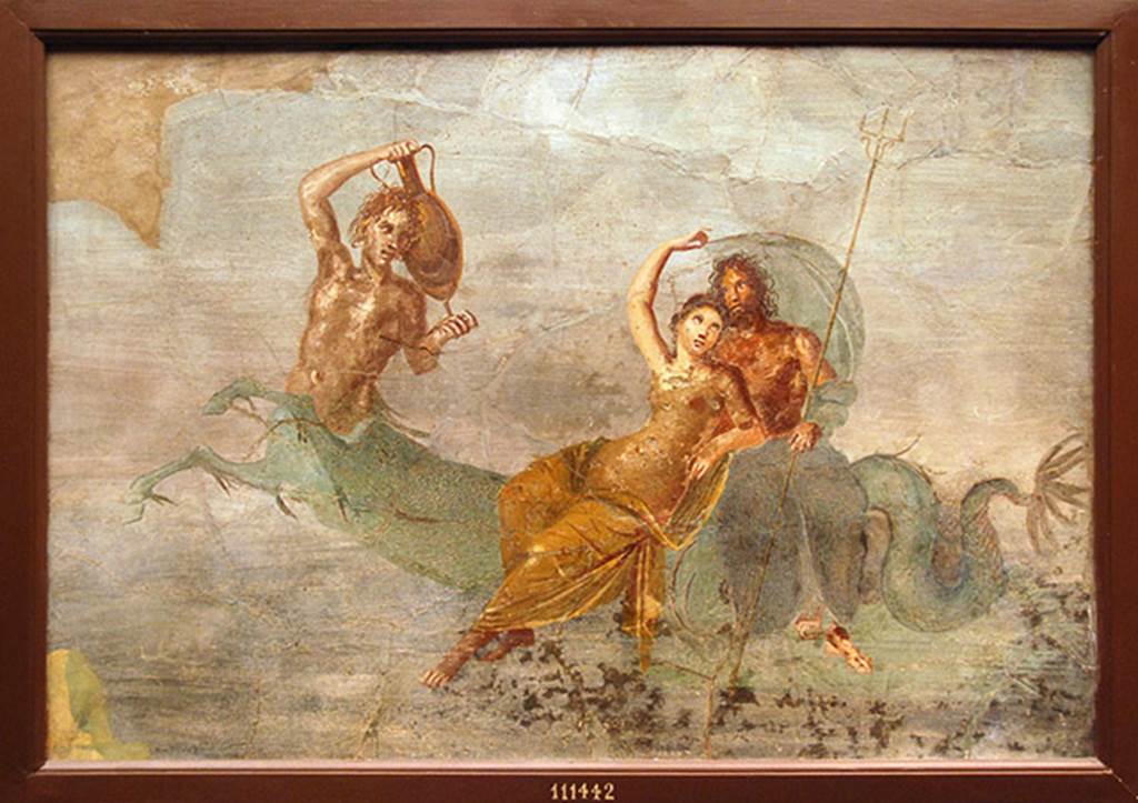 IX.5.14 Pompeii. South peristyle. Painting of Neptune and Amphitrite. According to Sogliano, this painting was found in fragments and diligently recomposed. Now in Naples Archaeological Museum. Inventory number: 111442. See Sogliano, A., 1879. Le pitture murali campane scoverte negli anni 1867-79. Napoli: (p.25, no.96).