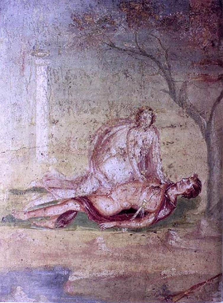 IX.5.14 Pompeii. Room f, centre of south wall of triclinium. Painting of Pyramus and Thisbe.
Now in Naples Archaeological Museum. Inventory number 111483.
