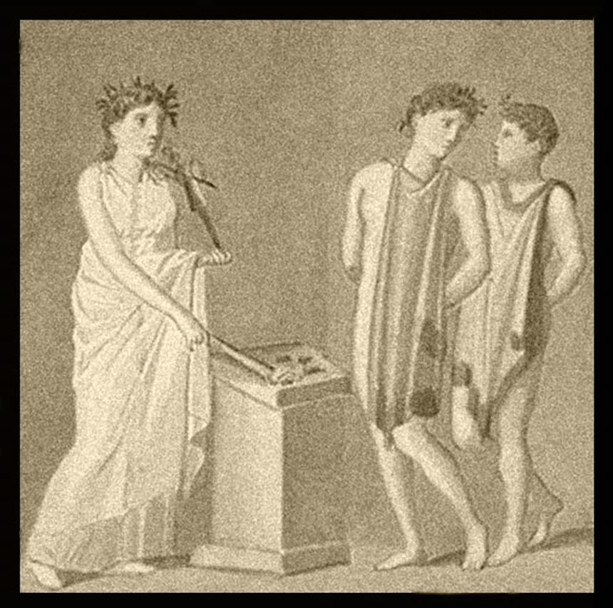 IX.5.14 Pompeii. Room e, centre of west wall of ala. Copy of painting of Iphigenia, Orestes and Pylades.