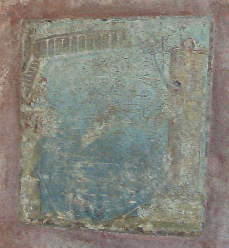 IX.5.14 Pompeii. May 2005. Room c, south wall of cubiculum on north side of entrance corridor. Fresco of Hero and Leander.

