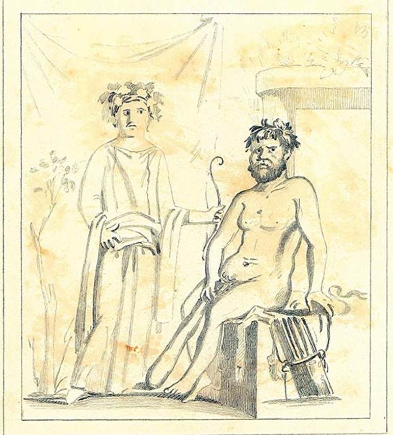 IX.5.14 Pompeii. Drawing by Discanno of wall painting of Hercules and Omphale, on north wall of cubiculum g.
DAIR 83.261. Photo  Deutsches Archologisches Institut, Abteilung Rom, Arkiv.

