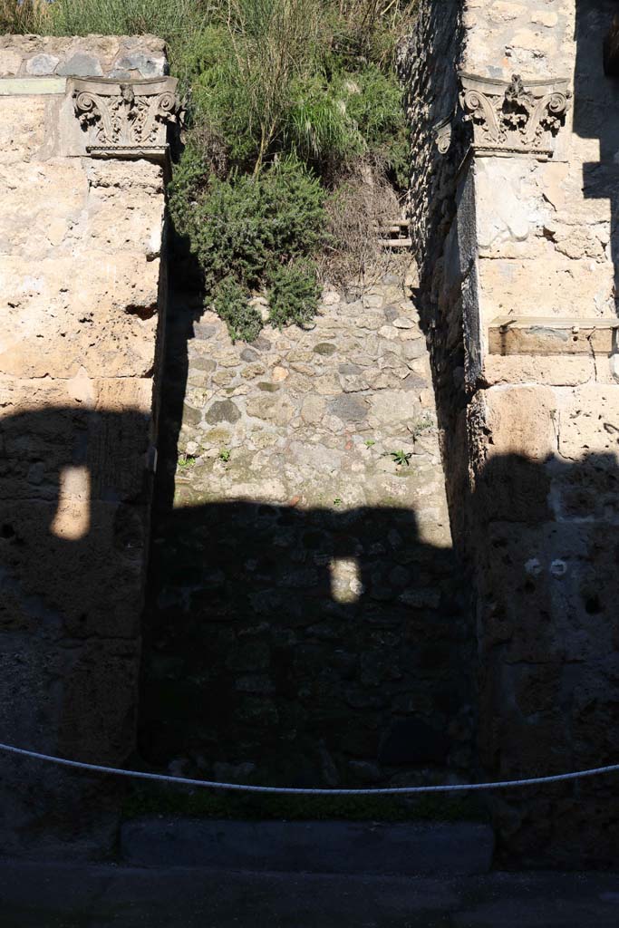 IX.7.3, Pompeii. December 2018. 
Unexcavated house entrance doorway, detail of capitals on either side of doorway. 
Photo courtesy of Aude Durand.
