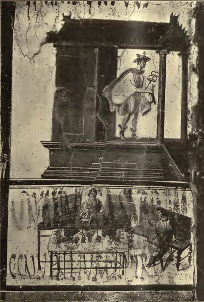 IX.7.7 Pompeii. Old postcard of about 1910. Photo courtesy of Drew Baker.  Wall painting of Mercury, with caduceus and petasus emerging from a small temple.  In his right hand he held a purse (marsupium) full of money, which was meant to bring prosperity to Verecundus’s business.
On the painting below Mercury can be seen CIL IV 7843, and beneath that CIL IV 7844.  According to Epigraphik-Datenbank Clauss/Slaby (See www.manfredclauss.de), these read as –
Cn(aeum)  Helvium  Sabinum 
aed(ilem)  d(ignum)  r(ei)  p(ublicae)  o(ro)  v(os)  f(aciatis)      [CIL IV 7843]
C(aium)  Calventium  IIvir(um)  o(ro)  v(os)  f(aciatis)      [CIL IV 7844]
The painting below Mercury showed a woman, in the centre, sitting at a bench in a shop, with a customer sitting on a seat, on the right.
