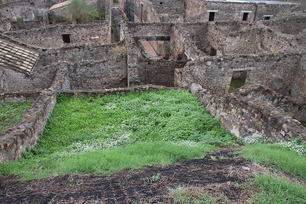 IX.7.19 Pompeii. October 2024. 
Looking west from above IX.7.12, Casina dell’Aquila, towards rear of IX.7.19. Photo courtesy of Klaus Heese.
