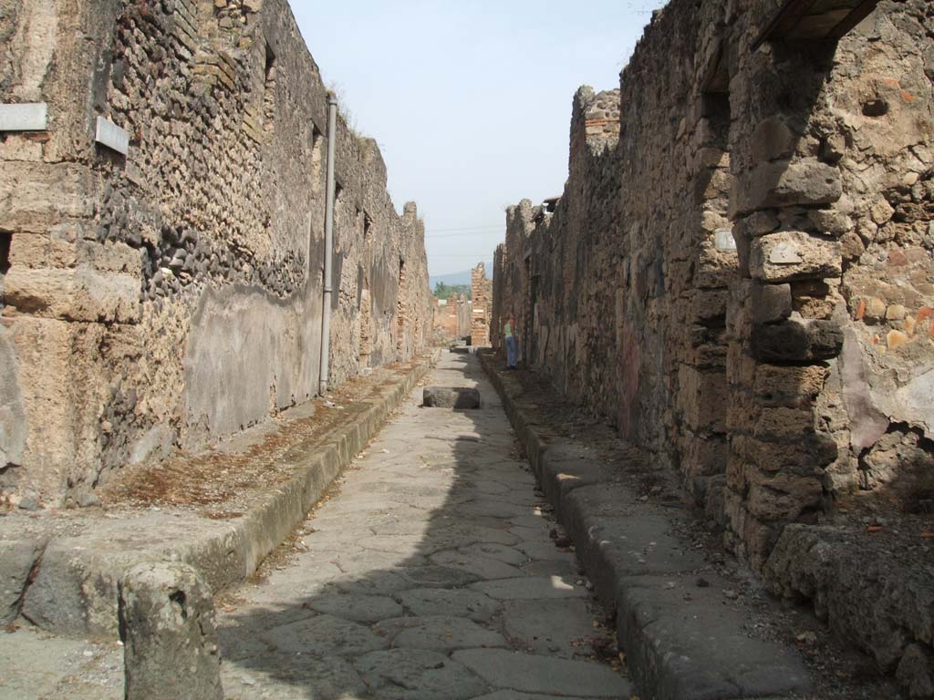 IX.2 Pompeii. May 2005. Vicolo di Tesmo, looking north with doorway to IX.7.19 and part of IX.7.18 (on right).