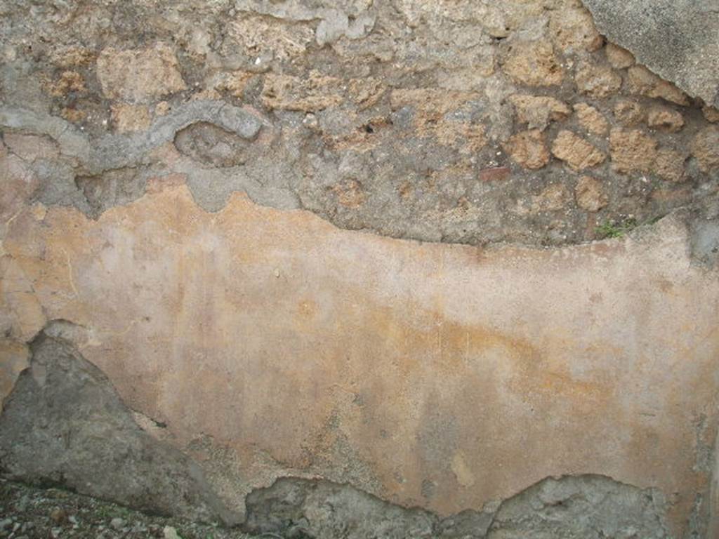 IX.7.25 Pompeii. May 2005. Room “q”, room in south-east corner of atrium, with remains of plaster decoration on south wall. The zoccolo, shown here, and as was seen in the rest of the house, was higher than usual. It was divided into panels by red and white bands and contained small paintings of animals and trophy vases. On the wall above the zoccolo, the plaster was rough.
