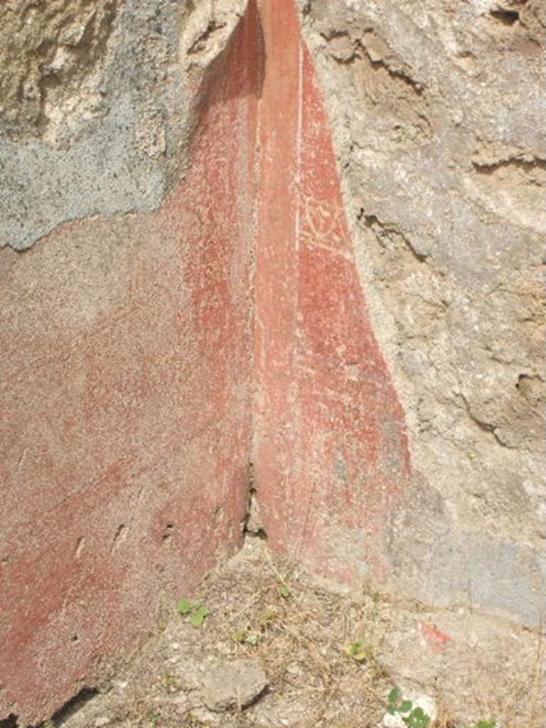 IX.7.25 Pompeii. May 2005. Remains of painted decoration on red background with “carpet design” from north-west corner of atrium “2”.
