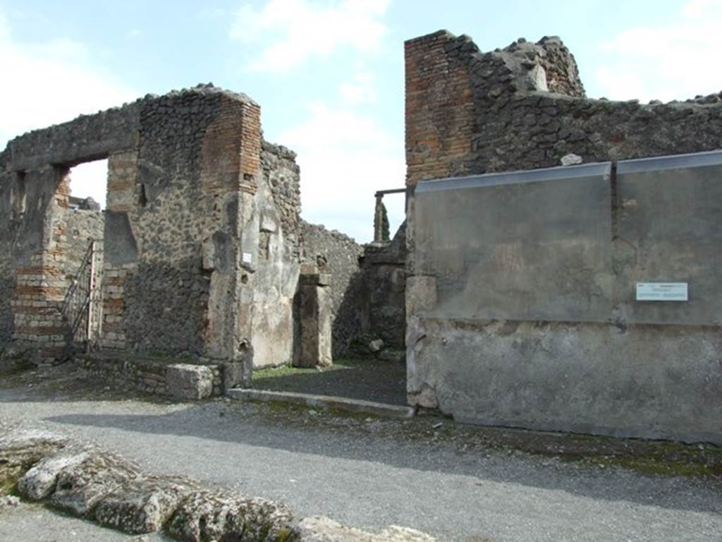 IX.8.2 Pompeii. March 2009. Entrance on Via di Nola. According to Della Corte, written on the east (left) side of the entrance were –
Potitus cum (Rustio) V(ero) (rogat)     [CIL IV 3736]
Potitus rog(at)     [CIL IV 3732]
Potito f(e)lic(iter)    [CIL IV 3735  (with Note 1 that in CIL IV it was registered as Potito filio (?)).
Also written to the side of the entrance: 
Poveri rog(ant)     [CIL IV 3730]
(Adiut?)or,  o  (Vict?)or  puer  rog(at)       [CIL IV 3739]     
Discentes  rog(ant)      [CIL IV 362]
See Della Corte, M., 1965.  Case ed Abitanti di Pompei. Napoli: Fausto Fiorentino. (p.134)
According to Epigraphik-Datenbank Clauss/Slaby (See www.manfredclauss.de) these read as –
Suettium [3]
Potitus  cum  V[icinis( ?)] 
dignos  coloniae  vir(os) [           [CIL IV 3736]  
Here
/n
/nium
aed(ilem)  Potitus  rog(at)            [CIL IV 3732]  
Paquium  aed(ilem)
Potito  filio  ADI                               [CIL IV 3735]  
Herennium
pomeri  rog(ant)                             [CIL IV 3730]  
]or puer rog(at)                               [CIL IV 3739]  
Verum d(uum)vir(um) i(ure) d(icundo) o(ro) v(os) <f=S>(aciatis) d<i=E>scen<t=D>e(s) d(ignum) r(ei) p(ublicae)   [CIL IV 362]   


