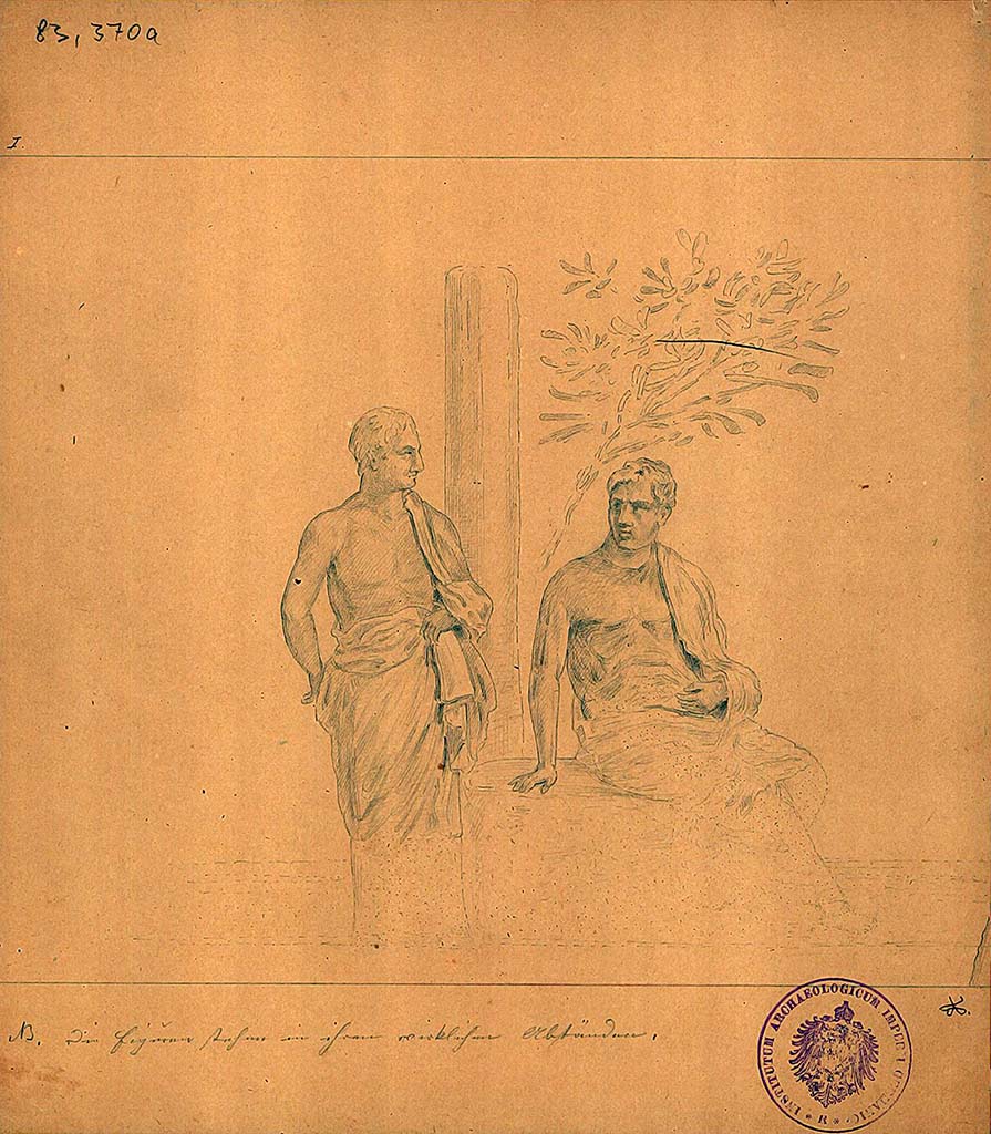 IX.8.2 Pompeii. Drawing of two philosophers one of five sketches by A. Sikkard depicting figures of philosophers.
These would have been seen on a black background, a small trace survived in the frieze on the upper east wall.
DAIR 83.370a. Photo © Deutsches Archäologisches Institut, Abteilung Rom, Arkiv.
