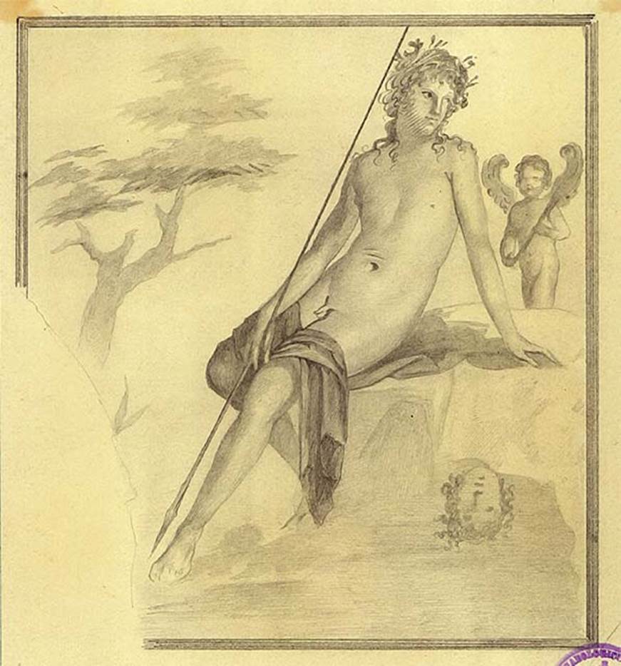 IX.9.d  Pompeii. Room f, tablinum. Sketch of painting of Narcissus.
DAIR 83.385. Photo © Deutsches Archäologisches Institut, Abteilung Rom, Arkiv. See http://arachne.uni-koeln.de/item/marbilder/5343225
