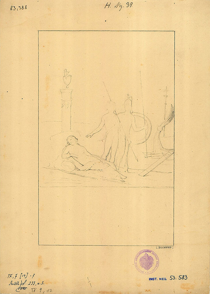 IX.9.d Pompeii. Drawing by Discanno of painting of Theseus abandoning Ariadne, found on the left wall of the triclinium l.
DAIR 83.388. Photo © Deutsches Archäologisches Institut, Abteilung Rom, Arkiv.
