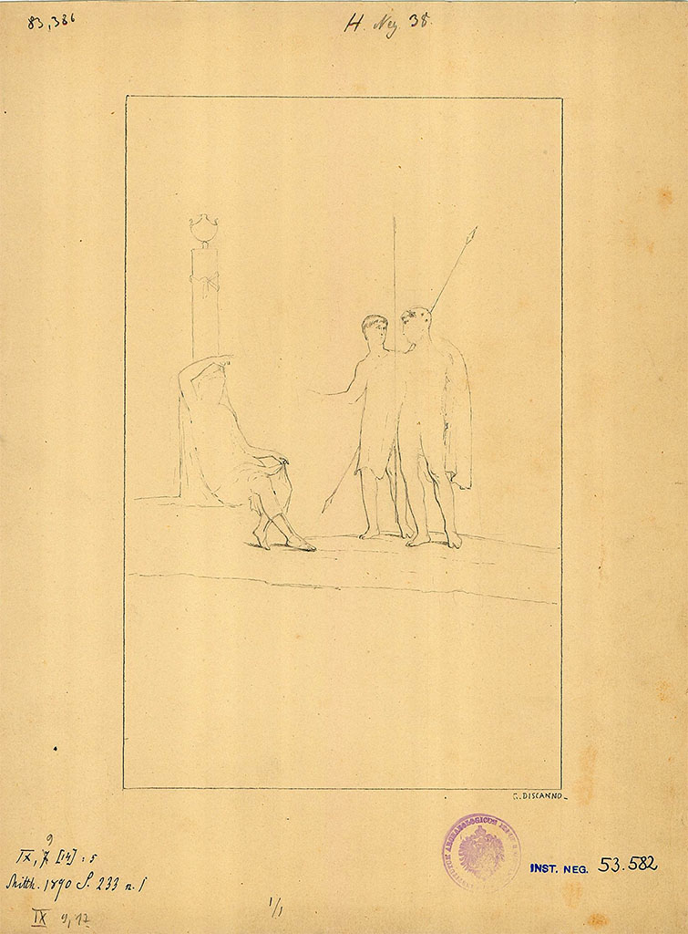 IX.9.d Pompeii. Drawing by Discanno of painting of seated woman and two youths with spears, found on the left wall of the triclinium l.
DAIR 83.386. Photo © Deutsches Archäologisches Institut, Abteilung Rom, Arkiv.