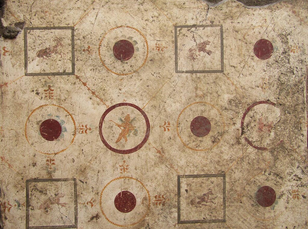 IX.10.1 Pompeii. May 2023. Cubiculum 8.
IX.10.1 Pompei. Maggio 2023. Cubiculum 8
Photograph © Parco Archeologico di Pompei.
Room 8 has a clay-based cement floor decorated with limestone flakes, and 4th style walls. The zoccolo shows a fake marble decoration with mirrors on a yellow background, framed by bands where reds and blacks predominate which seem to recall African marble. A red border distinguishes the plinth from a low podium adorned with alternating black and white diagonal bands, which, in a schematic and stylized way, imitate a marble covering. The median area, with a white background, is divided into a grid through thin yellow shoots; at the junction points of the shoots, squares in grey and rounds in amaranth alternate, the former decorated with animals, both herbivorous and carnivorous, gradients or rampant towards the right, the latter decorated with rosettes, cupids or other figures in flight (Fig. 5) . At the centre of each square created by the grid is a round amaranth often surrounded by a crown of petals and framed by a stylized yellow vegetal circle towards which four palmettes turn. On the southern wall, off-centre and overpainted, there is a painting which presents the myth of Apollo and Daphne.
See Pompeii E-Journal 06 28.09.2023, p. 62, fig. 5. Download: PAP e-journals 2023 collection volumes 01-09
