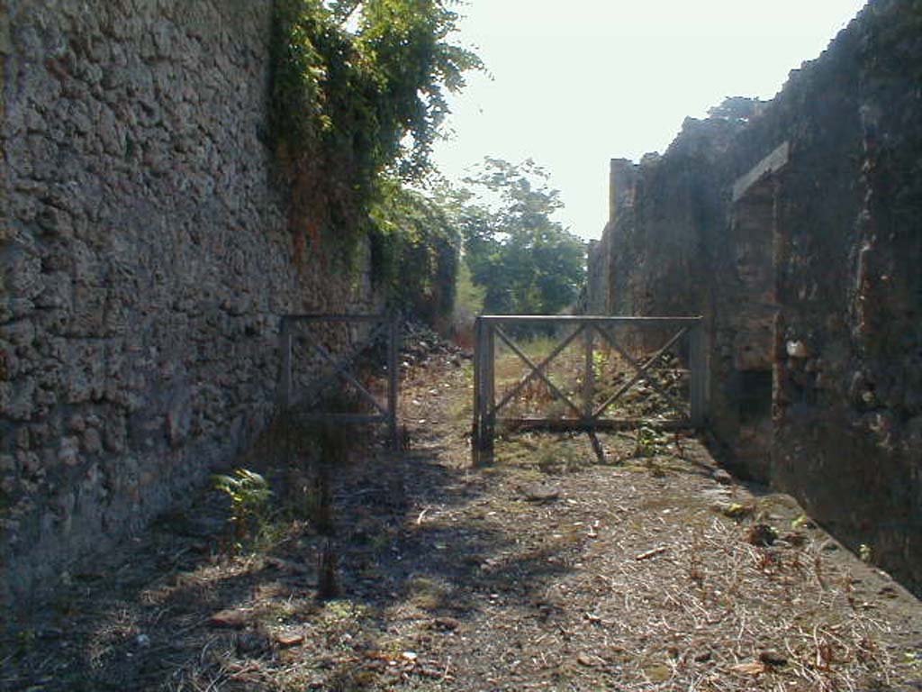 IX.10.1 Pompeii (Side wall), on left. May 2005. Unnamed vicolo, looking south. IX.9, on right.