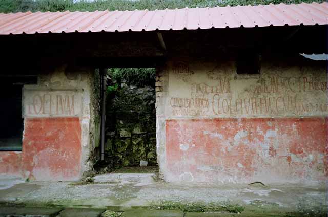 IX.11.3 and IX.11.4 Pompeii. Graffiti between entrances 3 and 4.
