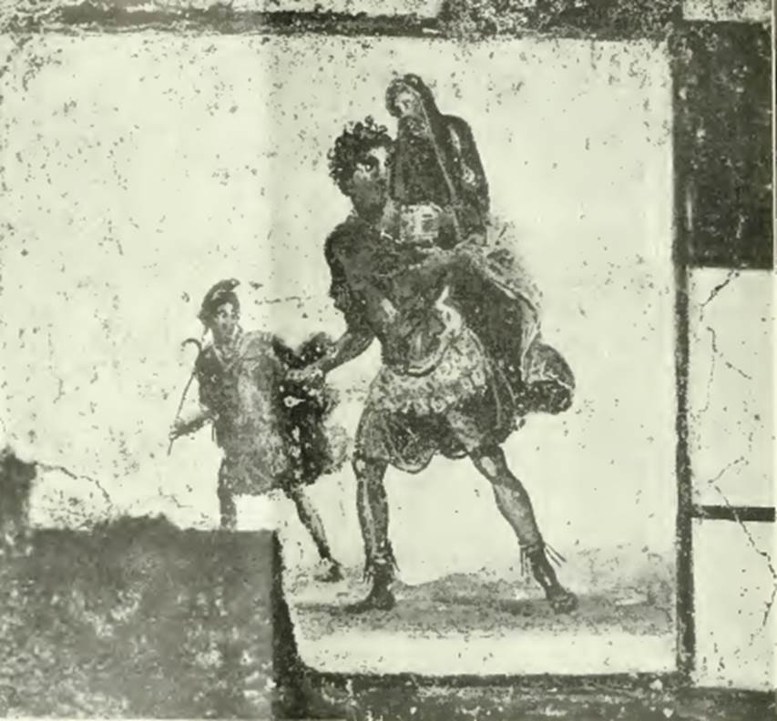 IX.13.5 Pompeii. 1913. Painting of Aeneas, his father Anchises and son Ascanius fleeing from Troy. See Notizie degli Scavi di Antichità, 1913, p. 144.