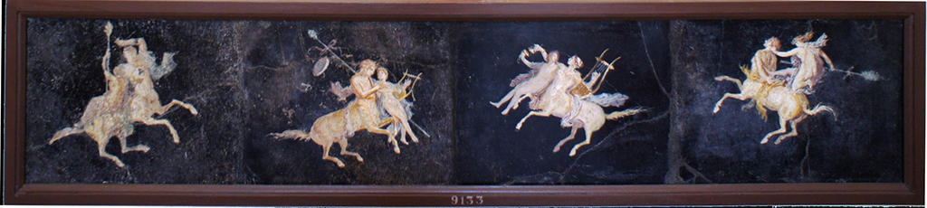 HGW06 Pompeii.   Found in Triclinium on 18 January 1749.  Wall painting of centaurs with riders on their backs.  Now in Naples Archaeological Museum.  Inventory number 9133.