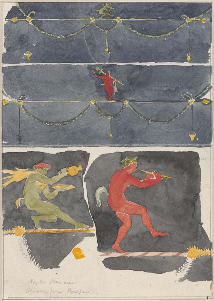 HGW06 Pompeii.   Found in Triclinium on 18 January 1749.  Wall painting of Satyrs playing drums and lyre and dancing.  Now in Naples Archaeological Museum.  Inventory number 9118.