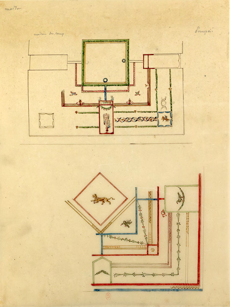 HGW24 Pompeii. May 1823? Watercolour paintings/drawings of detail of parts of ceilings, by Chenavard.
The upper painting/drawing is from the room known as “room k”.
The lower painting/drawing is from a room in the east side of the garden area, on lower floor, area 61 or room 5,13, see below. 
See Chenavard, Antoine-Marie (1787-1883) et al. Voyage d'Italie, croquis Tome 3, pl. 110.
INHA Identifiant numérique : NUM MS 703 (3). See Book on INHA 
Document placé sous « Licence Ouverte / Open Licence » Etalab   
(Villa Diomedes Project – area 61 on lower floor.)
(Fontaine’s, room 5,13 on lower floor).

