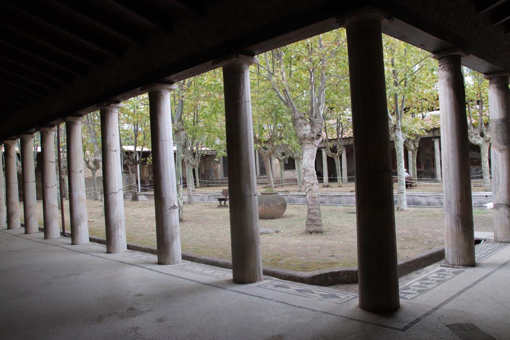 Villa San Marco, Stabiae, September 2019. Looking across garden from portico 20 (on left) and portico 5 (on right). Photo courtesy of Klaus Heese.