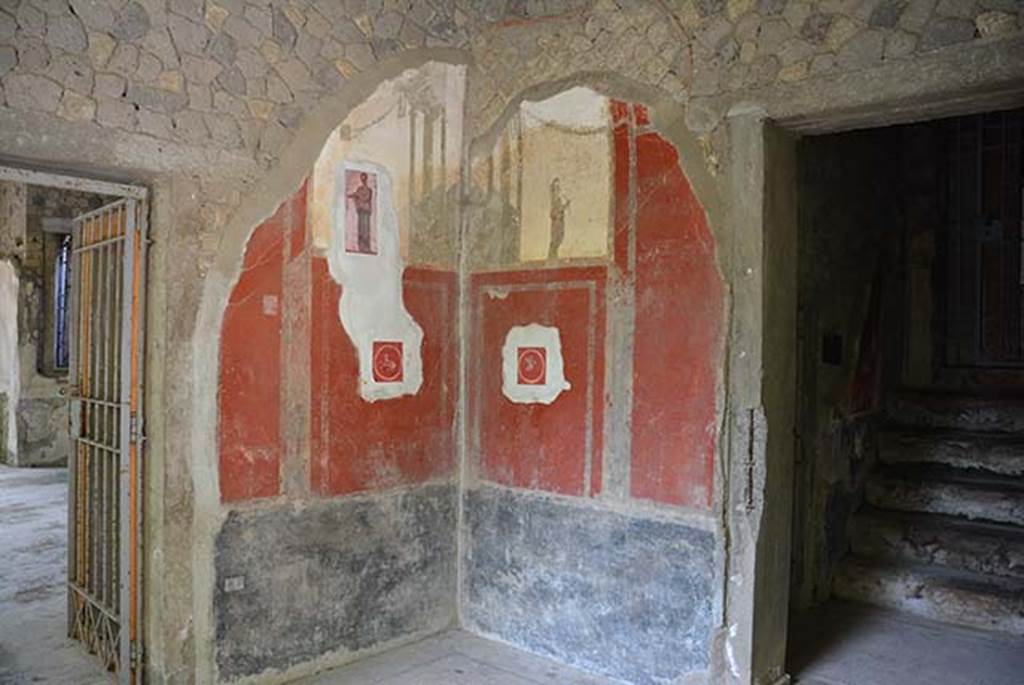 Villa San Marco, Stabiae, July 2014. 
Room 8, south-east wall with doorway left to room 12 and south-west wall with doorway right into room 13, and steps to passageway.
Photo by Mentnafunangann (Own work). 
Licensed under CC BY-SA 3.0 via Wikimedia Commons - See Wikimedia Commons
