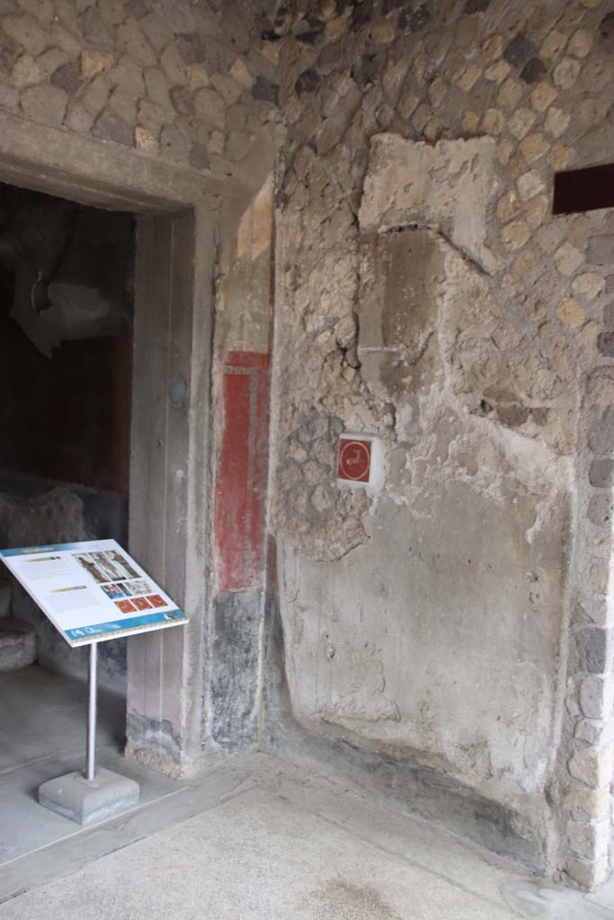 Villa San Marco, Stabiae, September 2019.  
Room 8, north wall in north-west corner, looking towards doorway into room 13, and steps to passageway. Photo courtesy of Klaus Heese.
