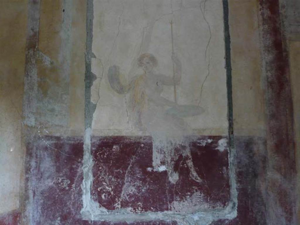 Villa San Marco, Stabiae, 2010. Room 14, south-west wall with fresco of girl on a swing.
Photo courtesy of Buzz Ferebee.
