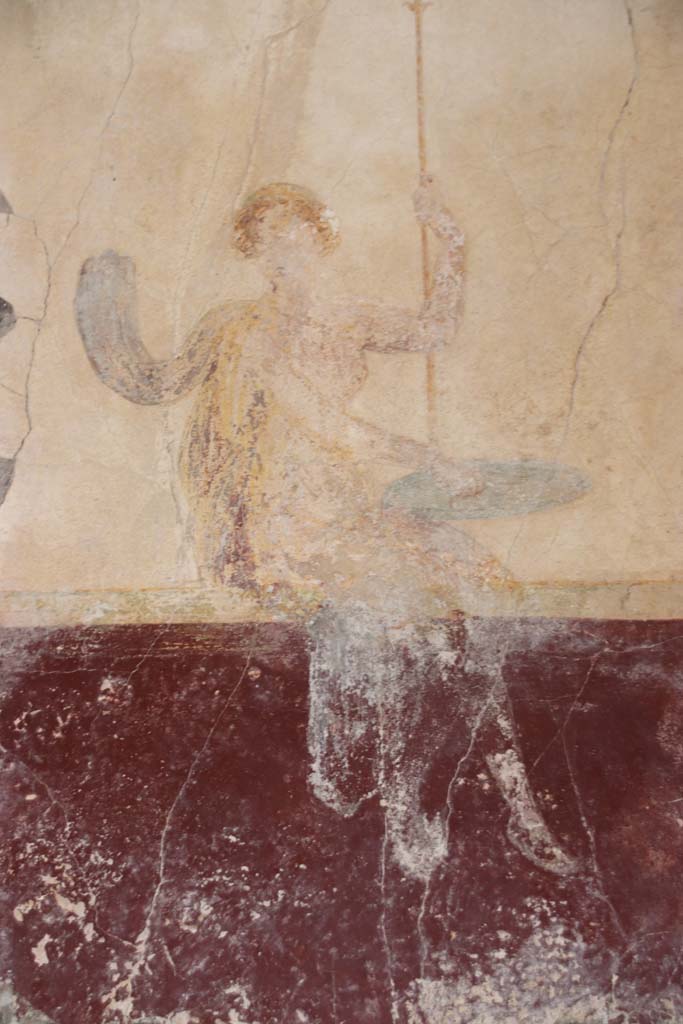 Villa San Marco, Stabiae, September 2019. Room 14, detail of fresco of girl on a swing. Photo courtesy of Klaus Heese.