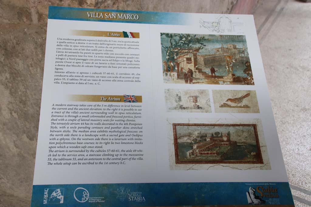 Villa San Marco, Stabiae, September 2019.  Information card in Italian and English. Photo courtesy of Klaus Heese.