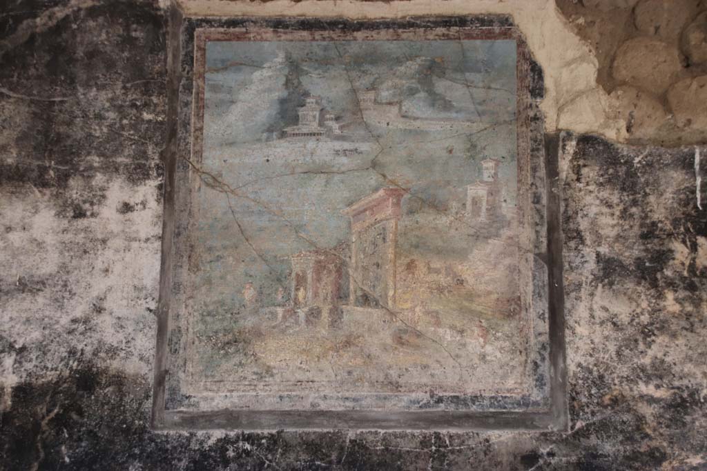 Villa San Marco, Stabiae, September 2021. Room 44, central painting on north wall. Photo courtesy of Klaus Heese. 

