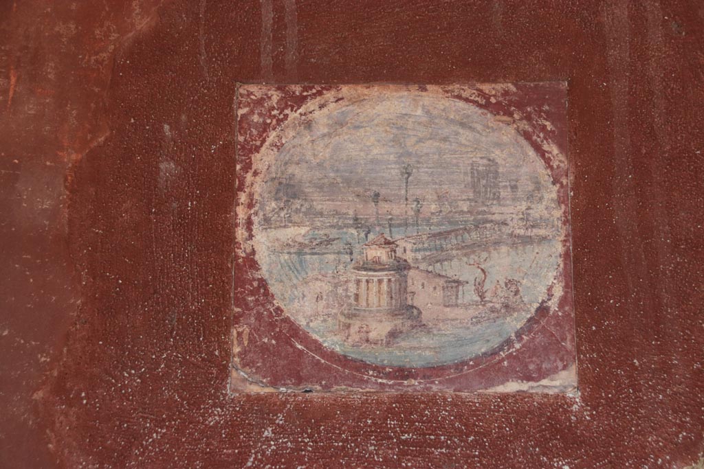 Villa San Marco, October 2022. Room 20, reproduction of medallion from east wall, (to the left of the hole in the wall). 
(original now in Naples Archaeological Museum, inventory number 9409B.) Photo courtesy of Klaus Heese.
