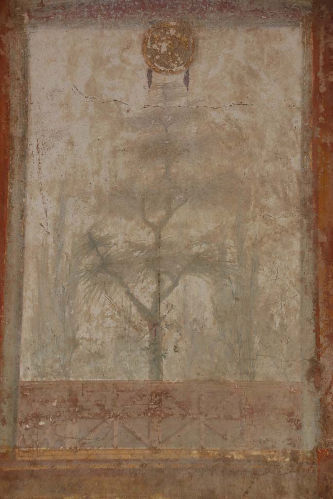 Villa San Marco, Stabiae, September 2019. 
Room 20, east wall, detail of fresco on painted panel, on the right of the 18th century hole. Photo courtesy of Klaus Heese.
