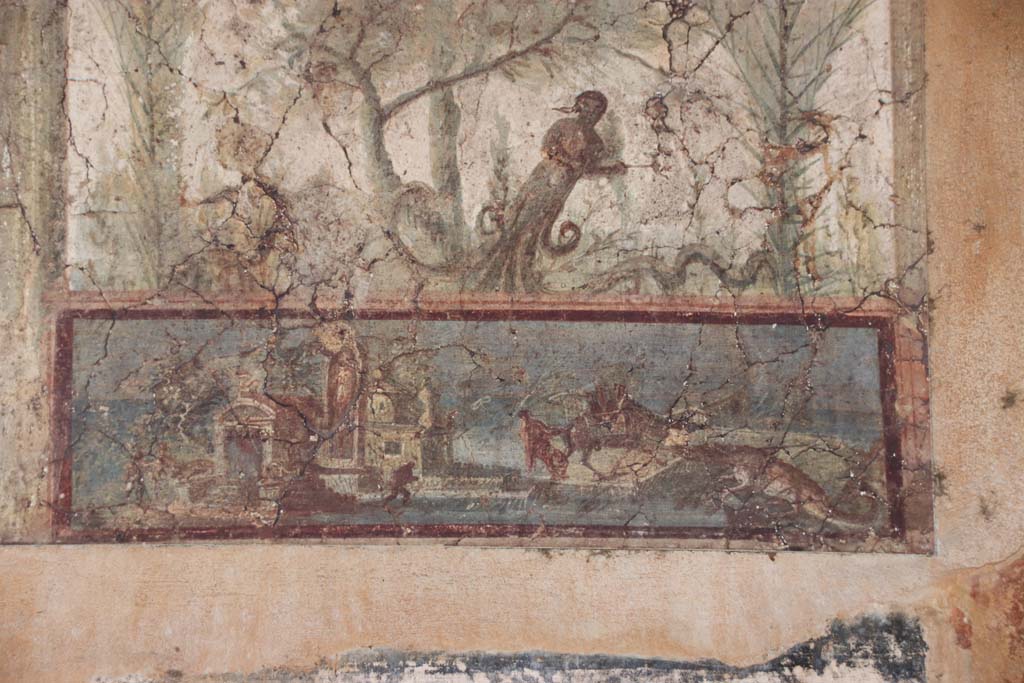 Villa San Marco, Stabiae, September 2021. Room 20, east wall, detail of fresco on painted panel. Photo courtesy of Klaus Heese.