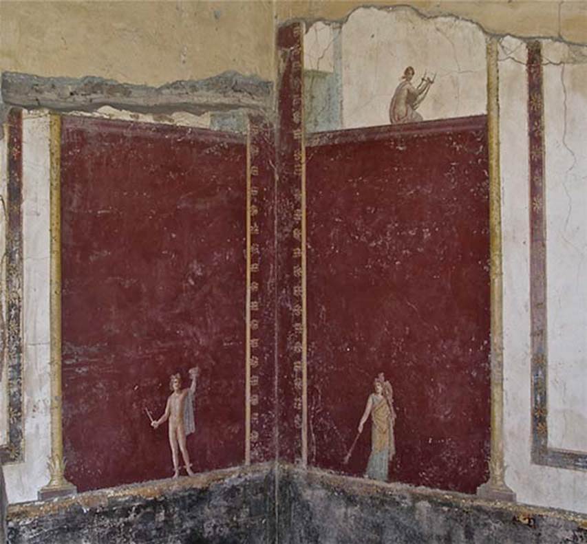 Castellammare di Stabia, Villa San Marco, April 2005. Room 30, south-east corner with painted figures. Photo courtesy of Michael Binns.