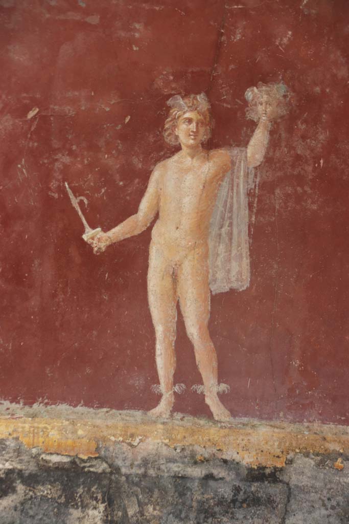 Villa San Marco, Stabiae, September 2019. Room 30, south-east corner.
Painted figure of Perseus lifting the head of Medusa. Photo courtesy of Klaus Heese.
