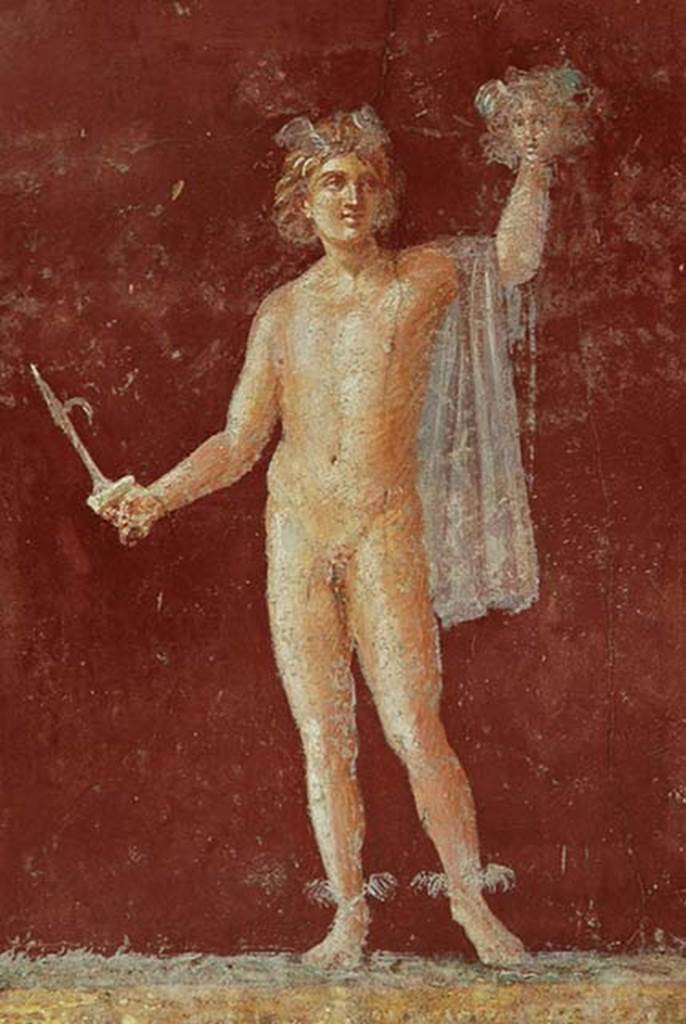 Castellammare di Stabia, Villa San Marco, December 2006. Room 30, south-east corner. Painted figure of Perseus lifting the head of Medusa.