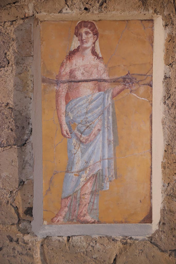 Villa San Marco, Stabiae, October 2022.  
Room 50, painted figure from north end of east wall. Photo courtesy of Klaus Heese.
