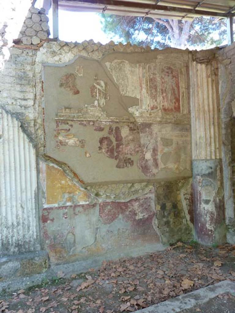 Villa San Marco, Stabiae, September 2015. Garden area 9, painted plaster on east wall near doorway to area 62, behind the nymphaeum.