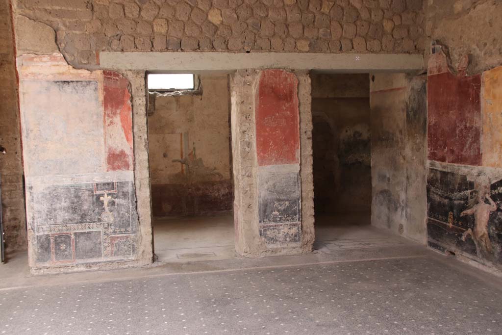 Villa San Marco, Stabiae, September 2019. 
Room 44, south-west corner of the atrium with doorways to room 57, and corridor 49, on right. Photo courtesy of Klaus Heese.

